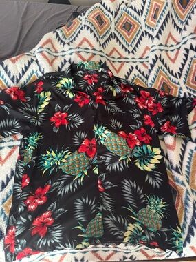 Pacifica Black Hawaiian Floral Button-Up with Red and Teal Accents